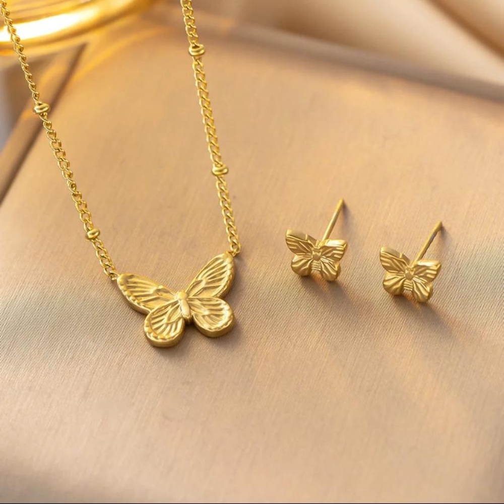 Gold Butterfly Necklace and Earring Set